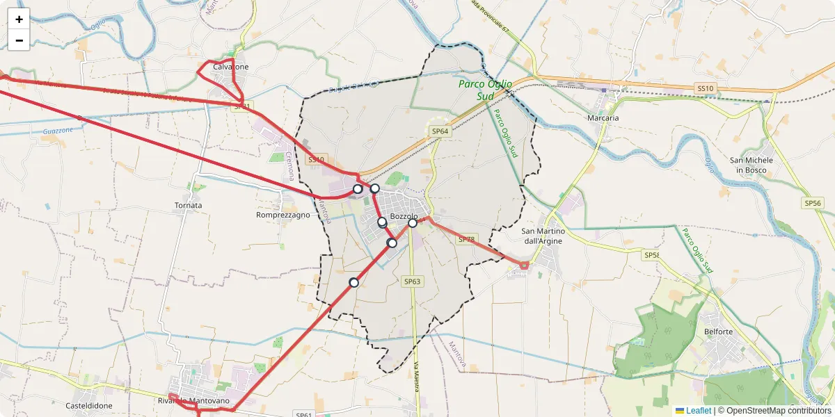 Mappa dettagliata del trasporto pubblico a Bozzolo con linee autobus, tram e collegamenti