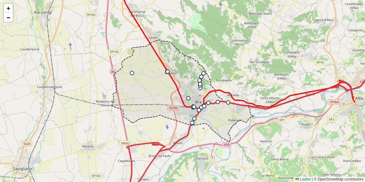 Mappa dettagliata del trasporto pubblico a Bra con linee autobus, tram e collegamenti