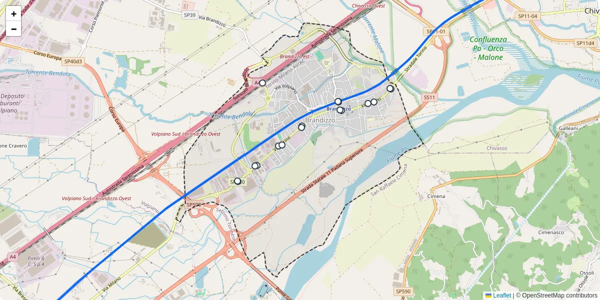 Mappa dettagliata del trasporto pubblico a Brandizzo con linee autobus, tram e collegamenti