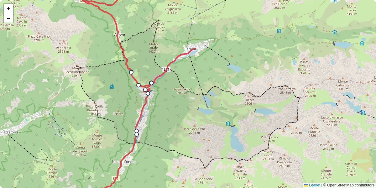 Mappa dettagliata del trasporto pubblico a Branzi con linee autobus, tram e collegamenti