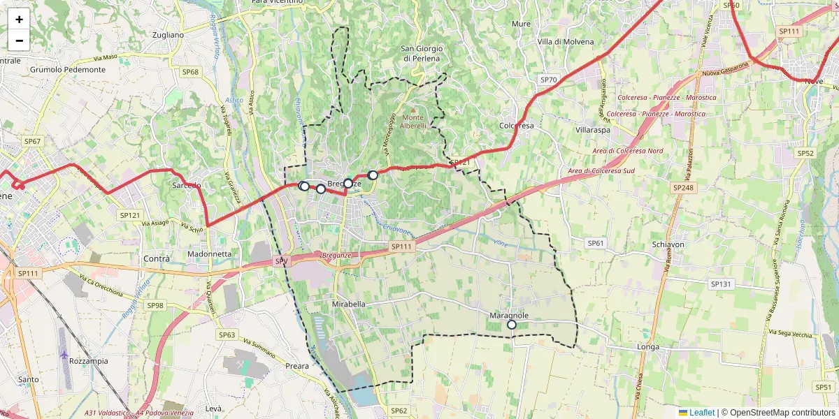 Mappa dettagliata del trasporto pubblico a Breganze con linee autobus, tram e collegamenti