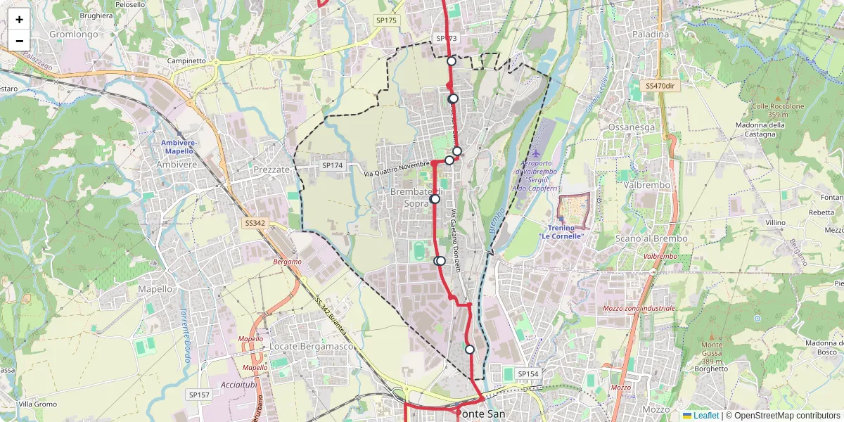 Mappa dettagliata del trasporto pubblico a Brembate di Sopra con linee autobus, tram e collegamenti