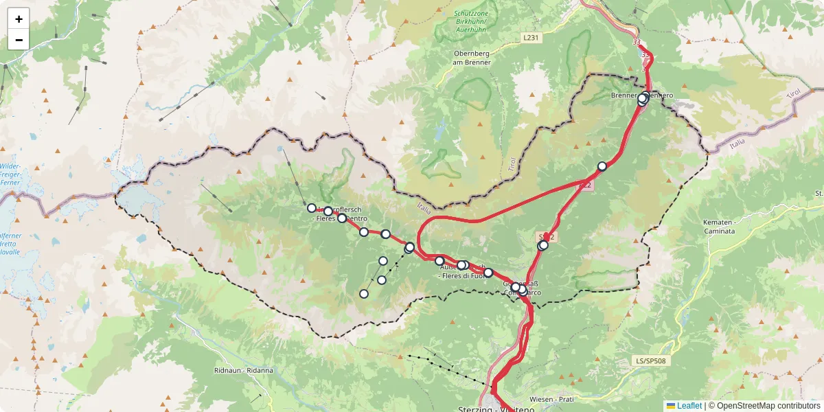 Mappa dettagliata del trasporto pubblico a Brenner - Brennero con linee autobus, tram e collegamenti