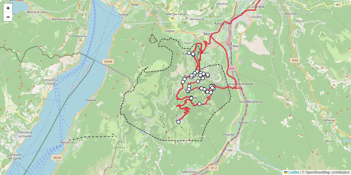 Mappa dettagliata del trasporto pubblico a Brentonico con linee autobus, tram e collegamenti