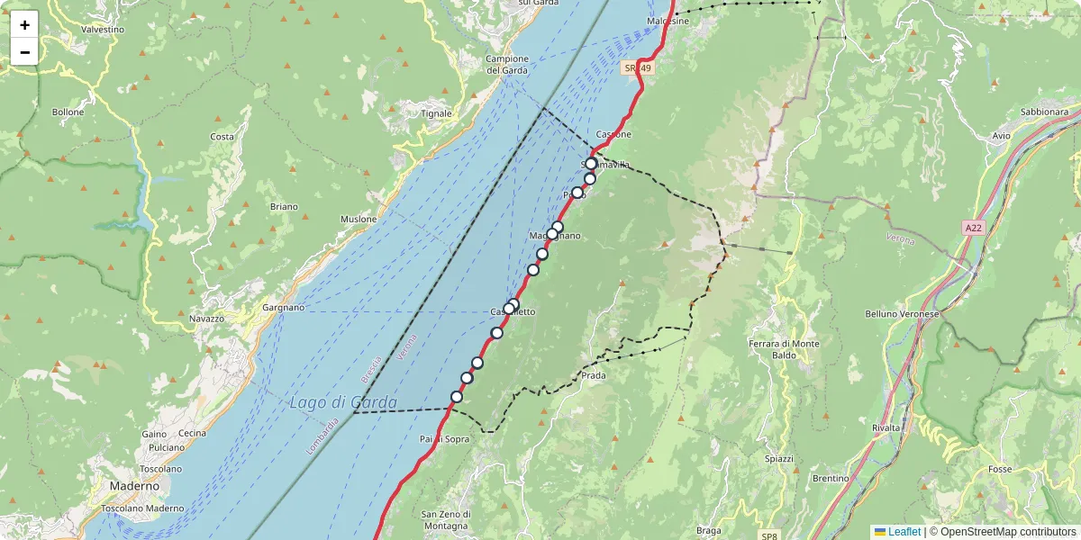 Mappa dettagliata del trasporto pubblico a Brenzone sul Garda con linee autobus, tram e collegamenti