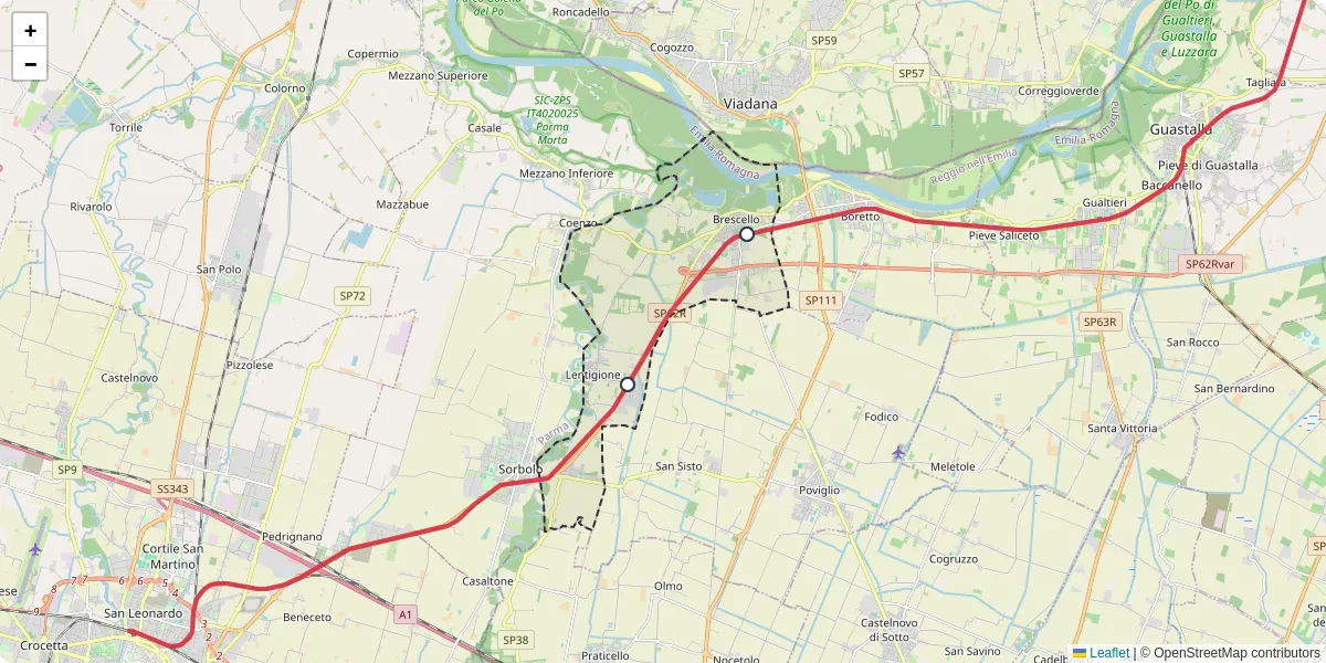 Mappa dettagliata del trasporto pubblico a Brescello con linee autobus, tram e collegamenti