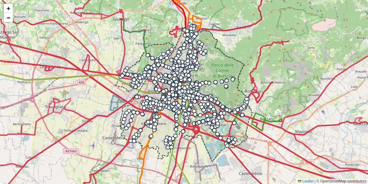 Mappa dettagliata del trasporto pubblico a Brescia con linee autobus, tram e collegamenti