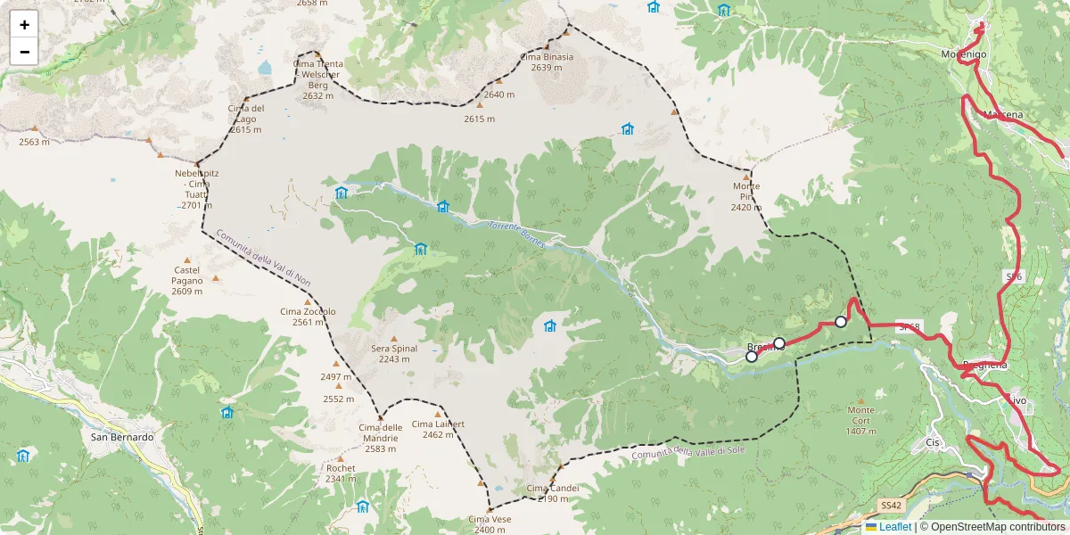Mappa dettagliata del trasporto pubblico a Bresimo con linee autobus, tram e collegamenti