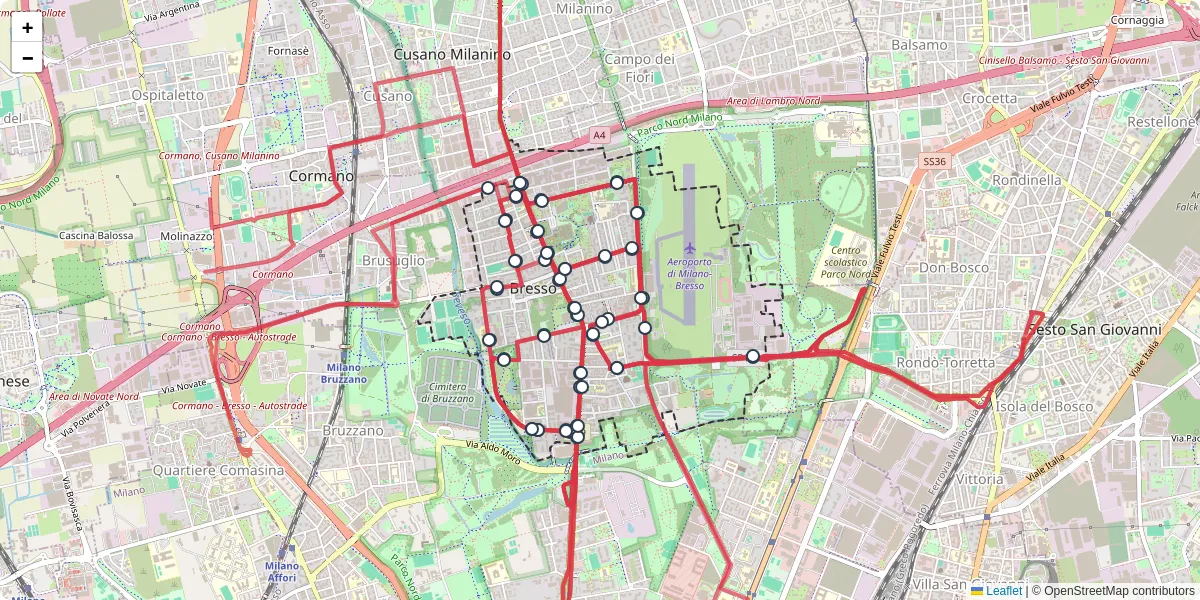 Mappa dettagliata del trasporto pubblico a Bresso con linee autobus, tram e collegamenti