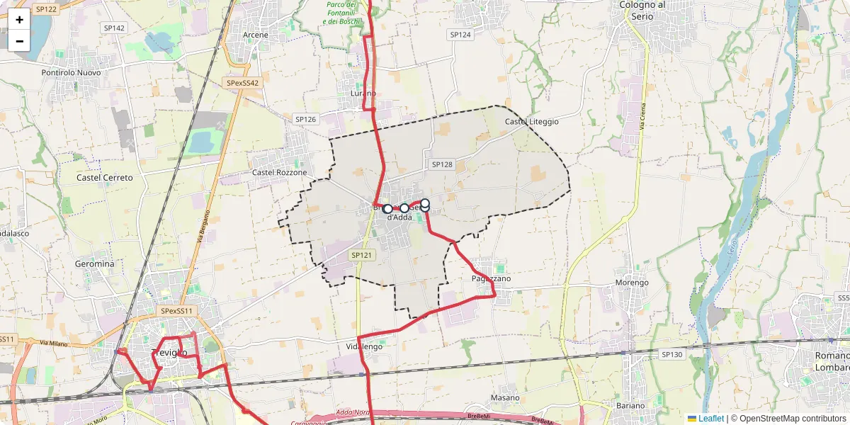 Mappa dettagliata del trasporto pubblico a Brignano Gera d'Adda con linee autobus, tram e collegamenti