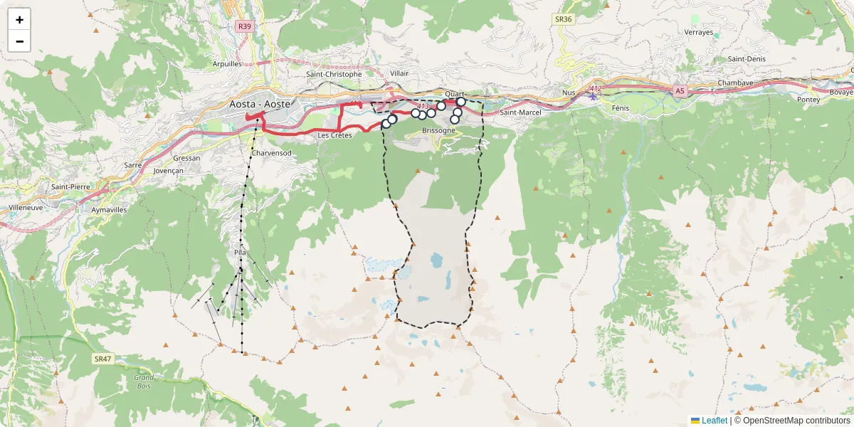 Mappa dettagliata del trasporto pubblico a Brissogne con linee autobus, tram e collegamenti