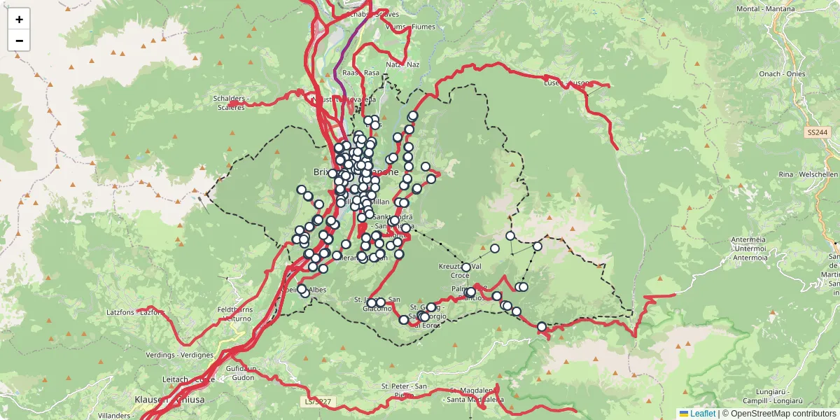 Mappa dettagliata del trasporto pubblico a Brixen - Bressanone con linee autobus, tram e collegamenti