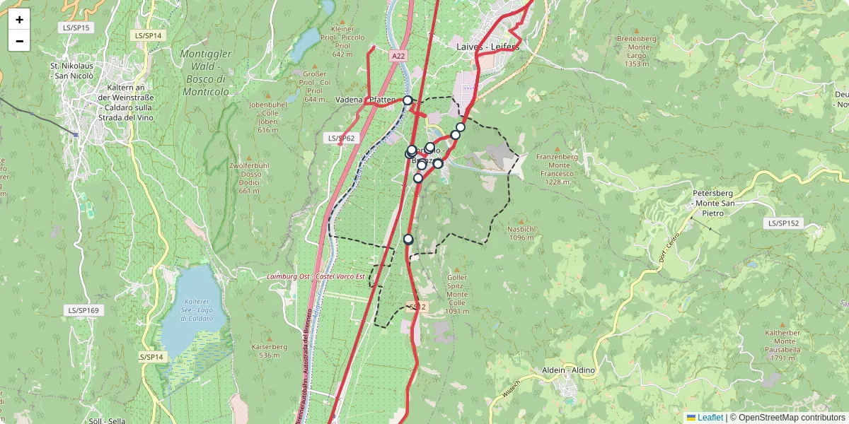 Mappa dettagliata del trasporto pubblico a Bronzolo - Branzoll con linee autobus, tram e collegamenti