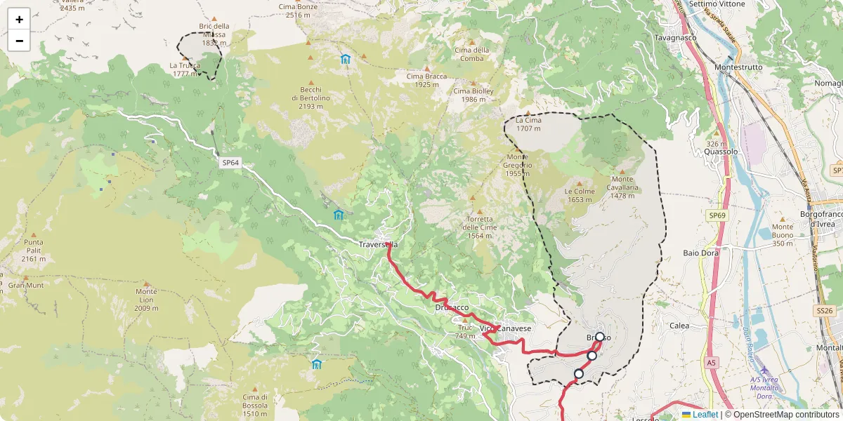 Mappa dettagliata del trasporto pubblico a Brosso con linee autobus, tram e collegamenti