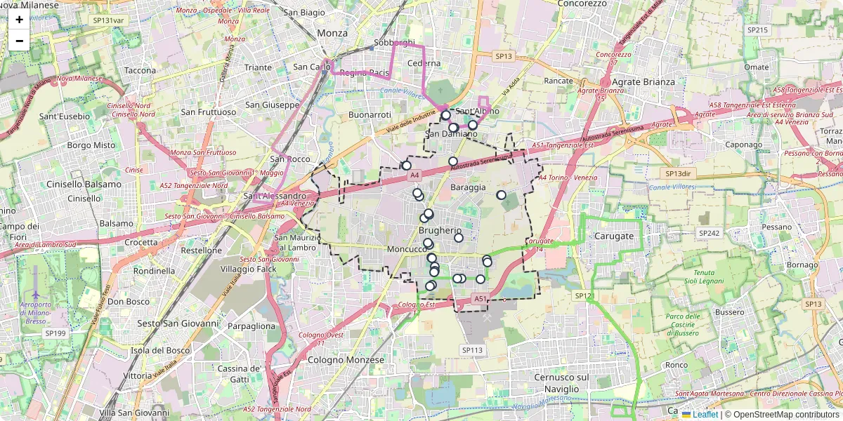 Mappa dettagliata del trasporto pubblico a Brugherio con linee autobus, tram e collegamenti