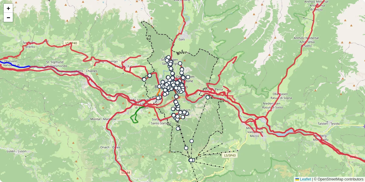 Mappa dettagliata del trasporto pubblico a Bruneck - Brunico con linee autobus, tram e collegamenti
