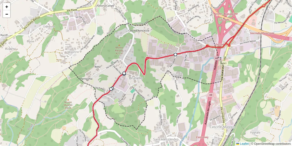 Mappa dettagliata del trasporto pubblico a Brunello con linee autobus, tram e collegamenti
