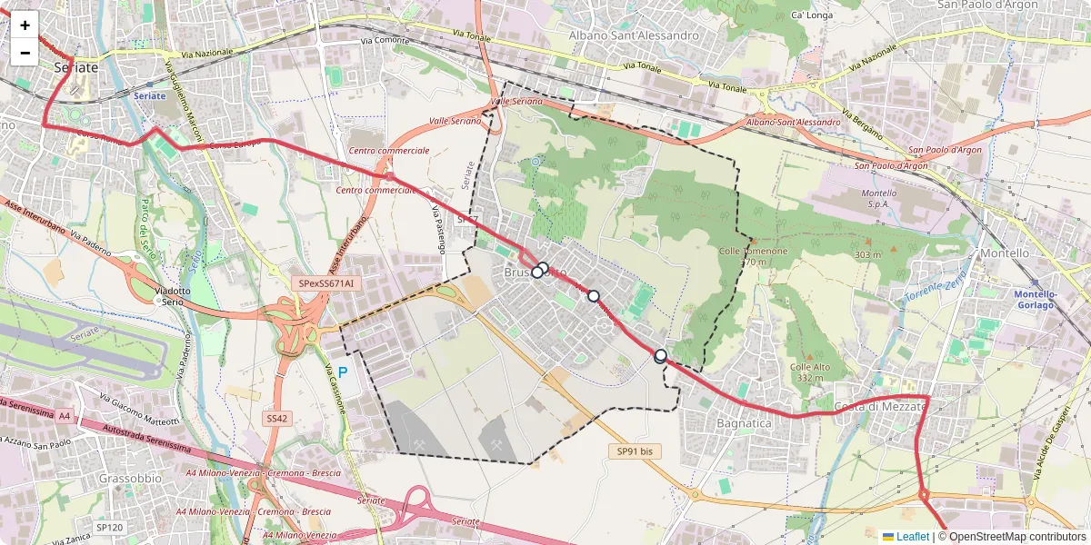 Mappa dettagliata del trasporto pubblico a Brusaporto con linee autobus, tram e collegamenti