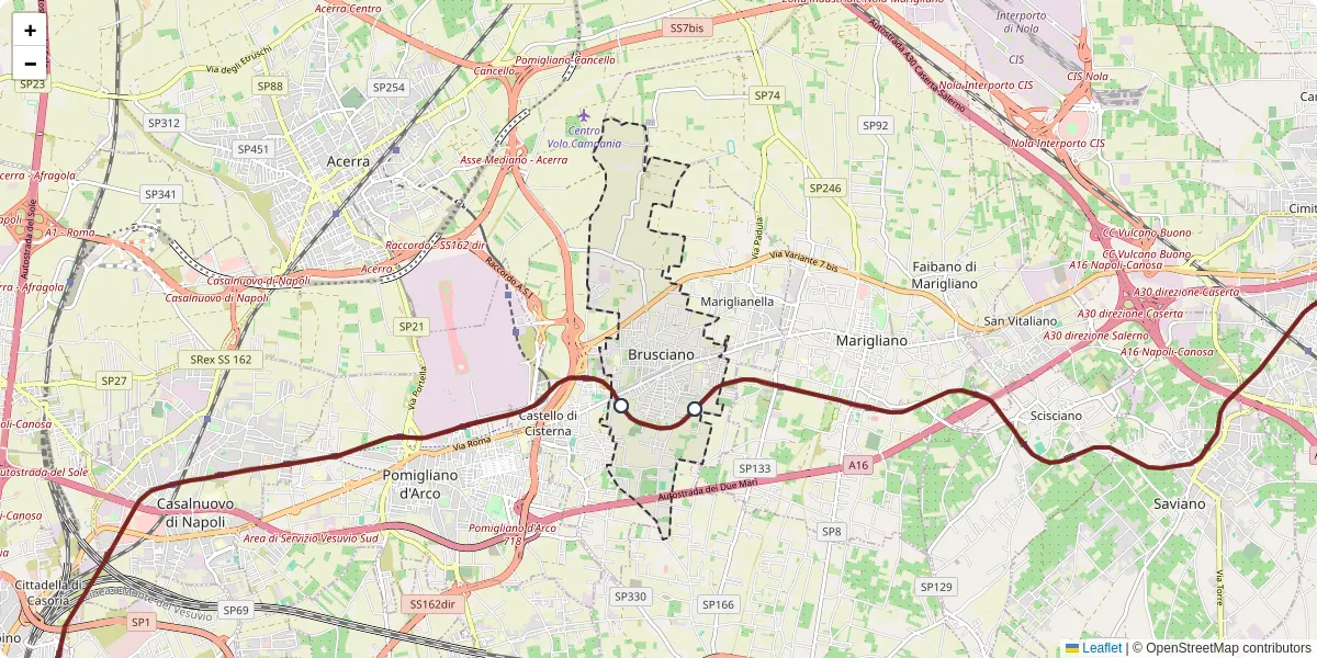 Mappa dettagliata del trasporto pubblico a Brusciano con linee autobus, tram e collegamenti