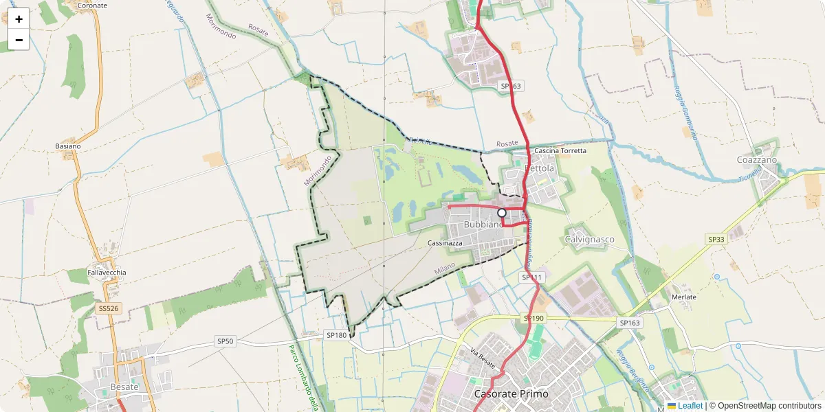 Mappa dettagliata del trasporto pubblico a Bubbiano con linee autobus, tram e collegamenti