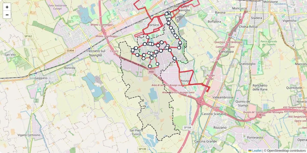 Mappa dettagliata del trasporto pubblico a Buccinasco con linee autobus, tram e collegamenti