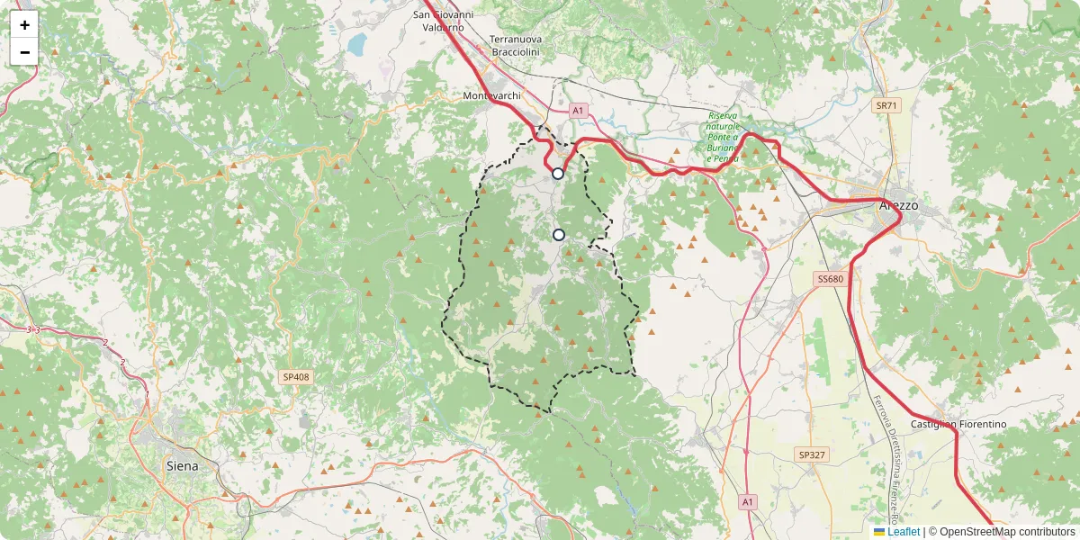 Mappa dettagliata del trasporto pubblico a Bucine con linee autobus, tram e collegamenti