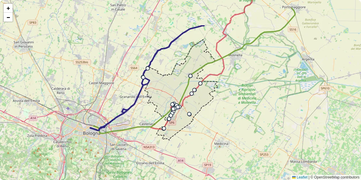 Mappa dettagliata del trasporto pubblico a Budrio con linee autobus, tram e collegamenti
