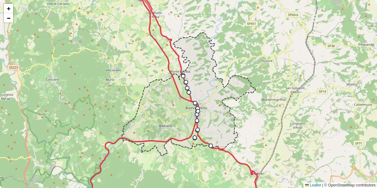 Mappa dettagliata del trasporto pubblico a Buonconvento con linee autobus, tram e collegamenti
