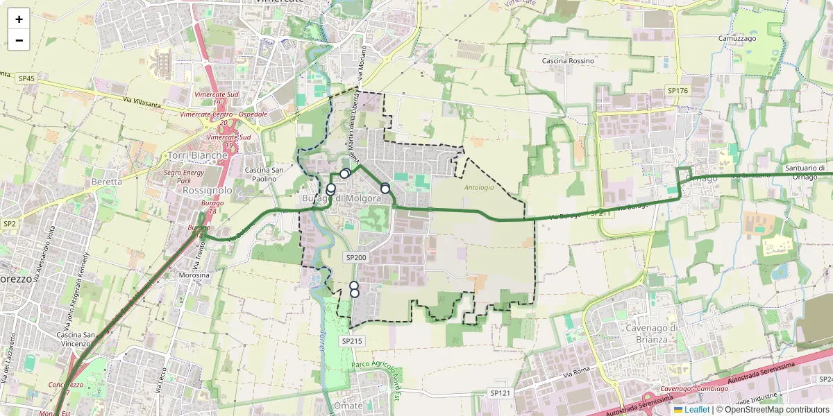 Mappa dettagliata del trasporto pubblico a Burago di Molgora con linee autobus, tram e collegamenti