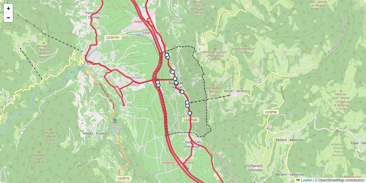 Mappa dettagliata del trasporto pubblico a Burgstall - Postal con linee autobus, tram e collegamenti