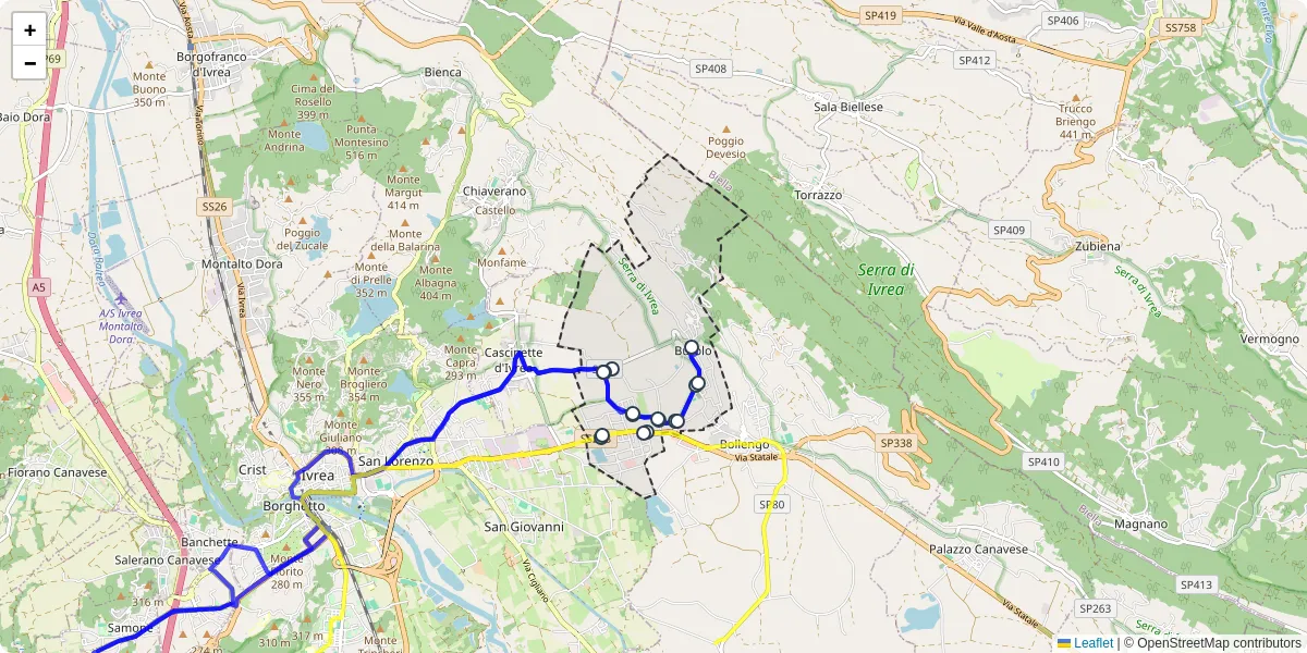 Mappa dettagliata del trasporto pubblico a Burolo con linee autobus, tram e collegamenti