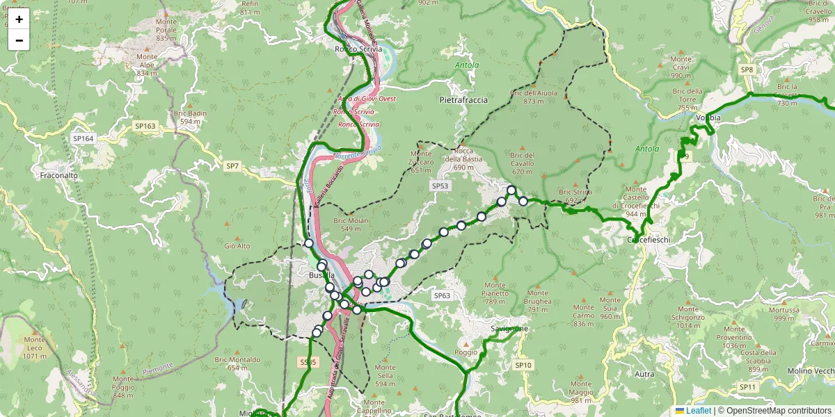 Mappa dettagliata del trasporto pubblico a Busalla con linee autobus, tram e collegamenti