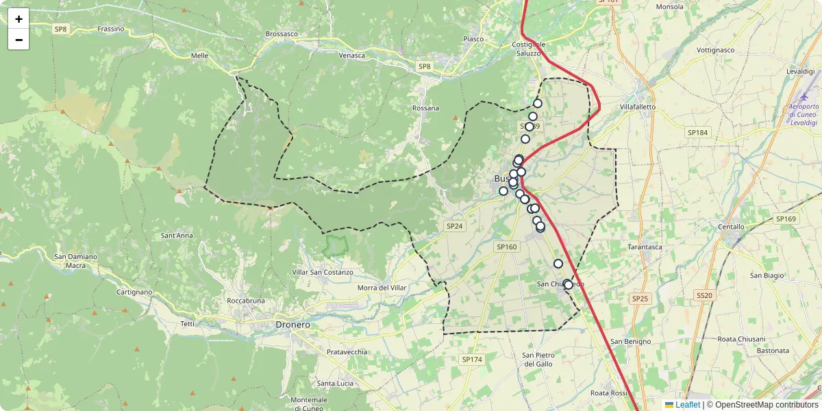Mappa dettagliata del trasporto pubblico a Busca con linee autobus, tram e collegamenti