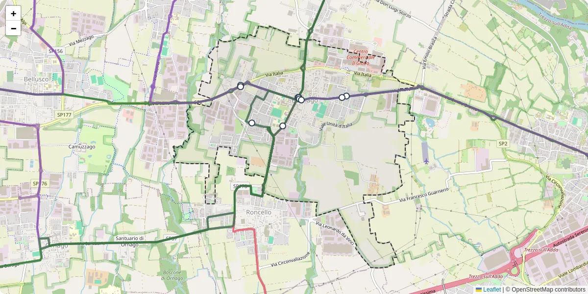Mappa dettagliata del trasporto pubblico a Busnago con linee autobus, tram e collegamenti