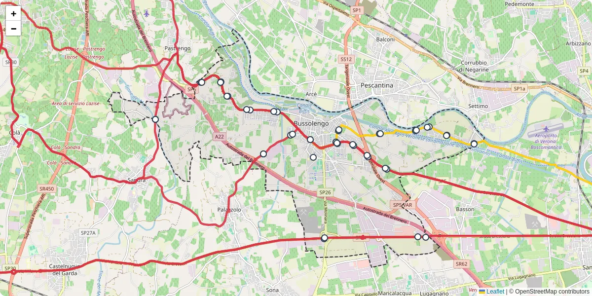 Mappa dettagliata del trasporto pubblico a Bussolengo con linee autobus, tram e collegamenti