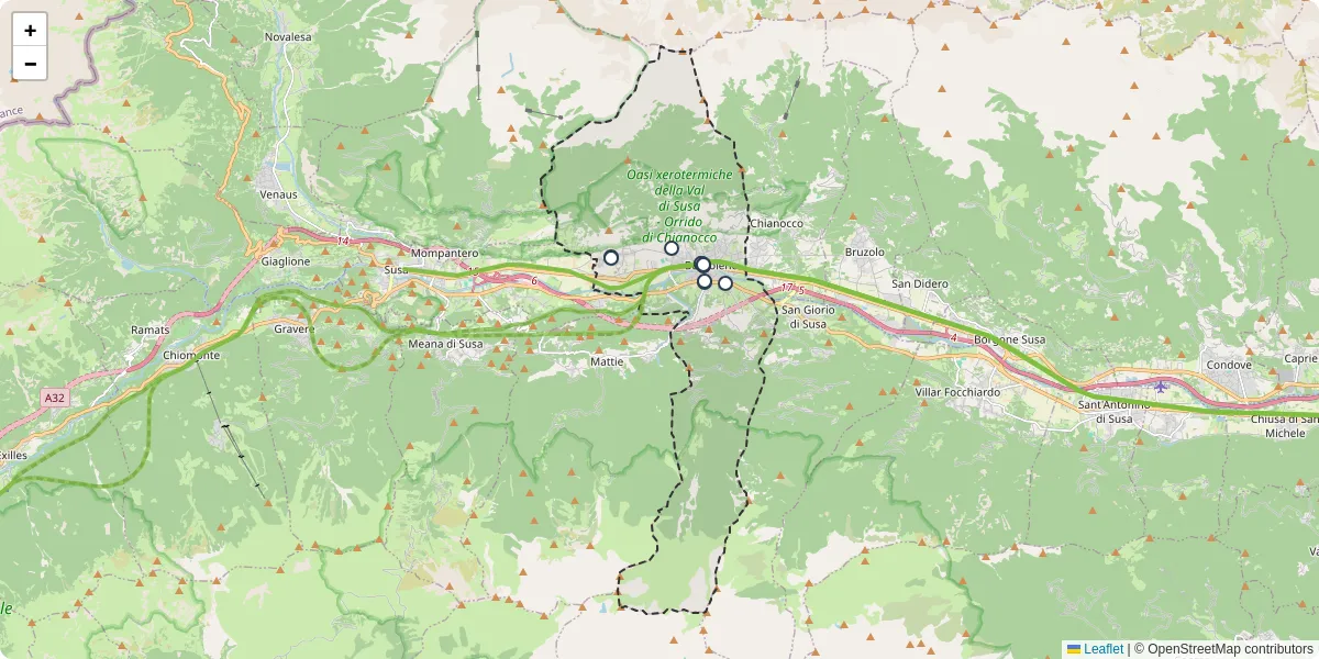 Mappa dettagliata del trasporto pubblico a Bussoleno con linee autobus, tram e collegamenti