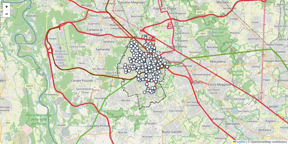 Mappa dettagliata del trasporto pubblico a Busto Arsizio con linee autobus, tram e collegamenti