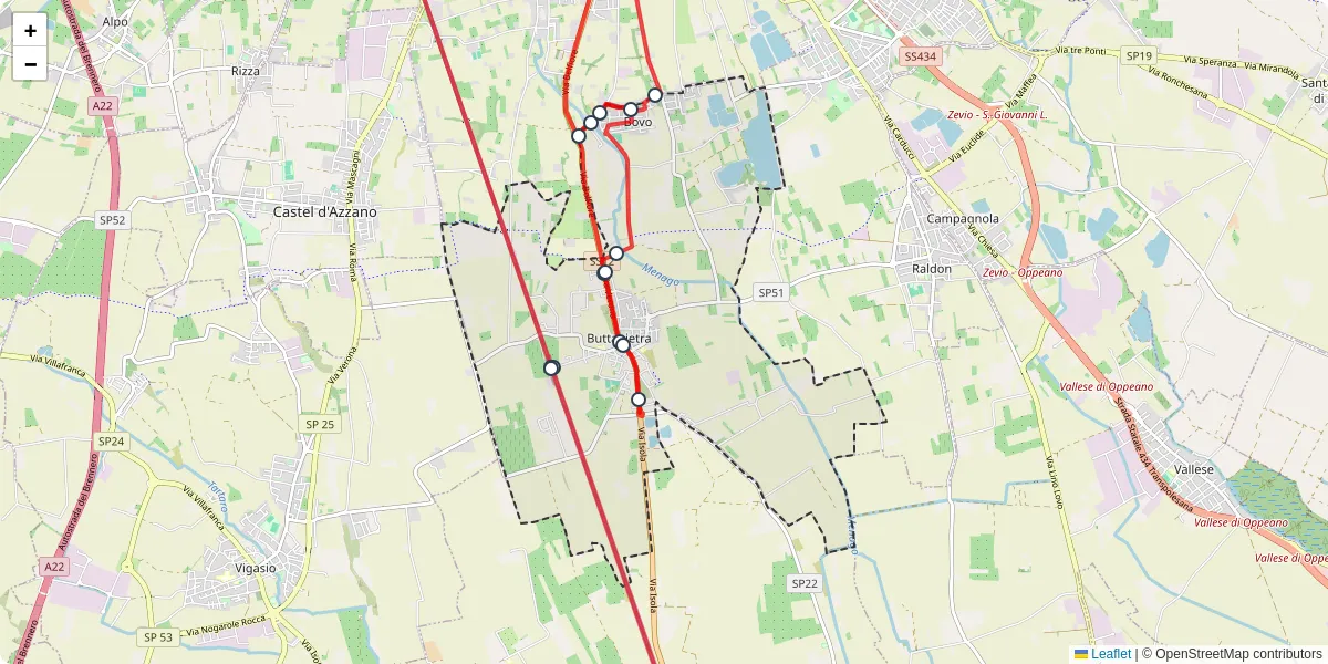 Mappa dettagliata del trasporto pubblico a Buttapietra con linee autobus, tram e collegamenti