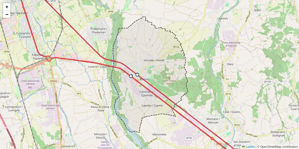 Mappa dettagliata del trasporto pubblico a Buttrio / Buri con linee autobus, tram e collegamenti