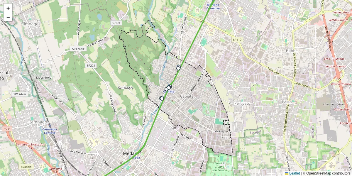 Mappa dettagliata del trasporto pubblico a Cabiate con linee autobus, tram e collegamenti