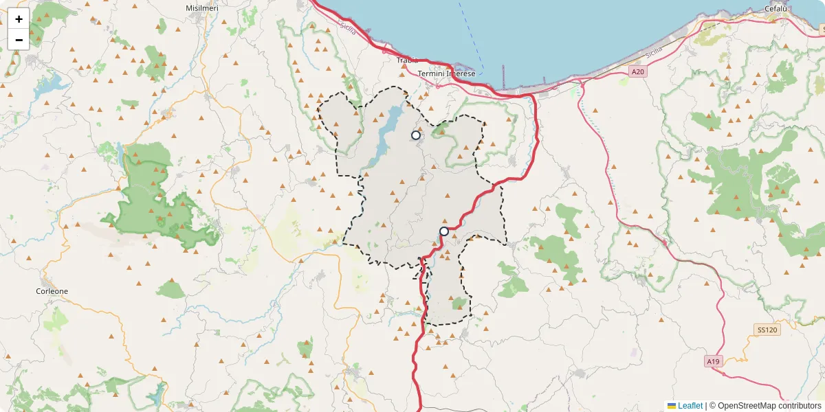 Mappa dettagliata del trasporto pubblico a Caccamo con linee autobus, tram e collegamenti