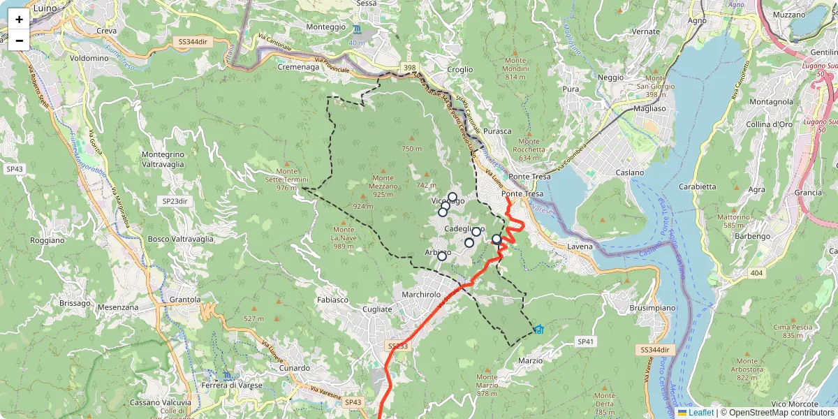 Mappa dettagliata del trasporto pubblico a Cadegliano-Viconago con linee autobus, tram e collegamenti