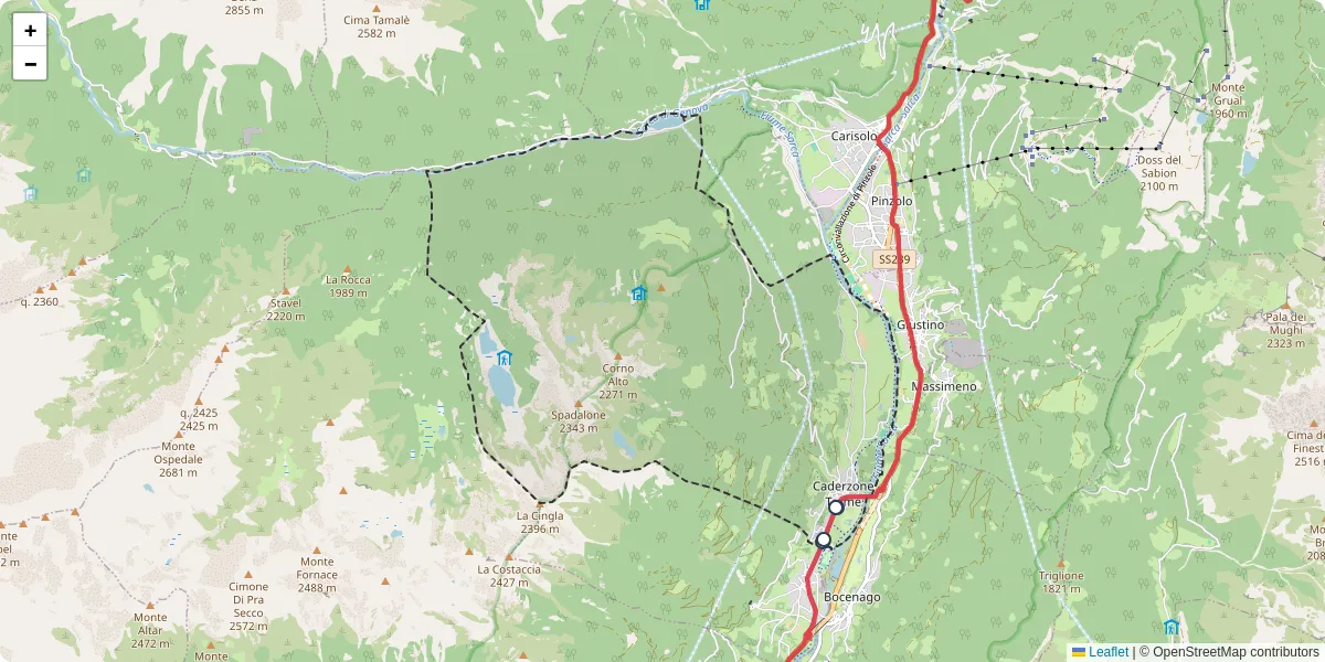 Mappa dettagliata del trasporto pubblico a Caderzone Terme con linee autobus, tram e collegamenti