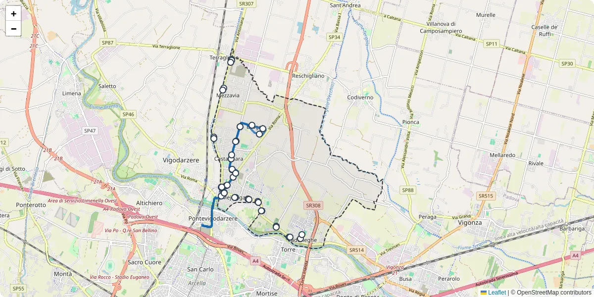 Mappa dettagliata del trasporto pubblico a Cadoneghe con linee autobus, tram e collegamenti