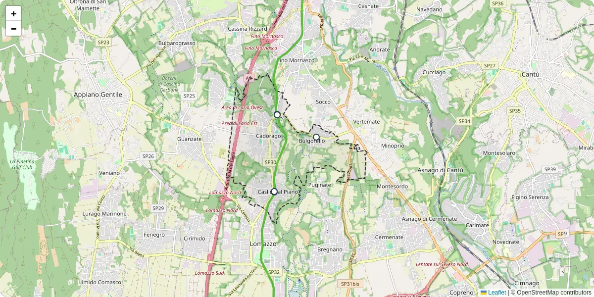 Mappa dettagliata del trasporto pubblico a Cadorago con linee autobus, tram e collegamenti