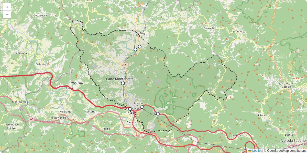 Mappa dettagliata del trasporto pubblico a Cairo Montenotte con linee autobus, tram e collegamenti