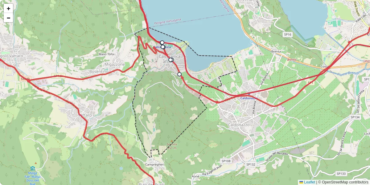 Mappa dettagliata del trasporto pubblico a Calceranica al Lago con linee autobus, tram e collegamenti