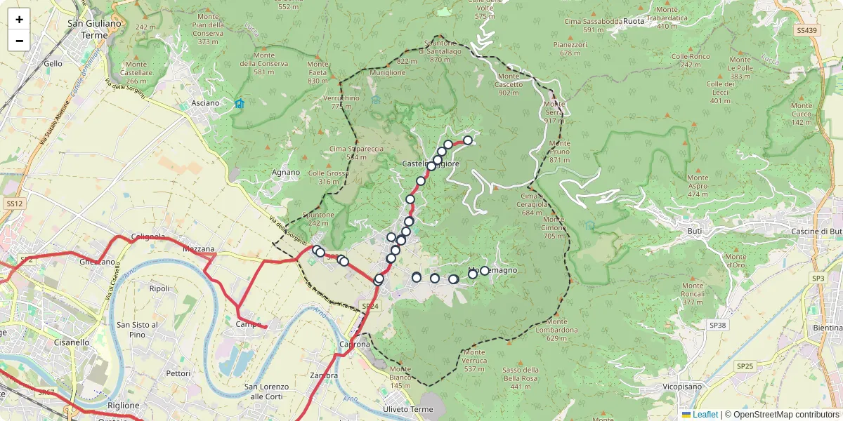 Mappa dettagliata del trasporto pubblico a Calci con linee autobus, tram e collegamenti