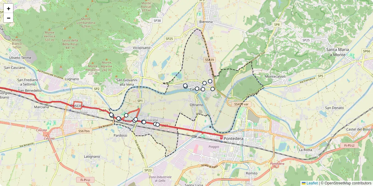 Mappa dettagliata del trasporto pubblico a Calcinaia con linee autobus, tram e collegamenti
