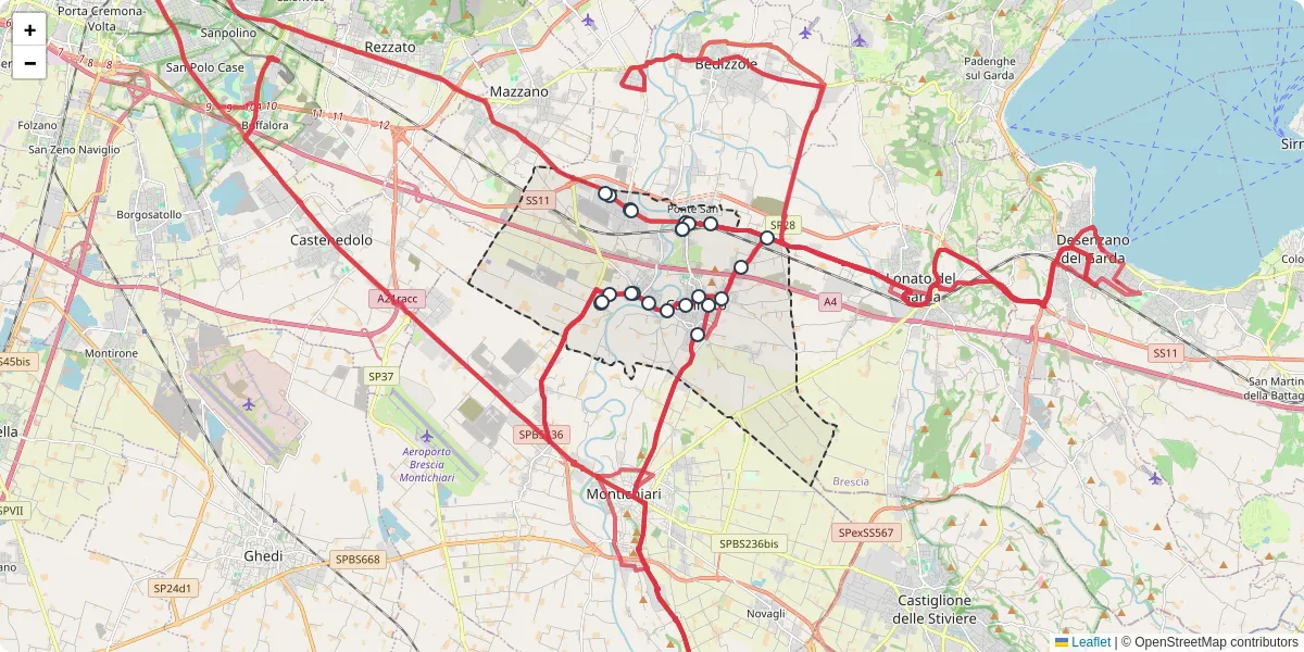 Mappa dettagliata del trasporto pubblico a Calcinato con linee autobus, tram e collegamenti